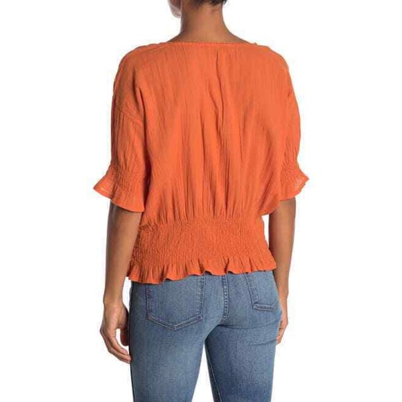 Frye Womens Top Size XS Split Neck Smocked Waist Short Sleeves in Orange Rust - Picture 4 of 12